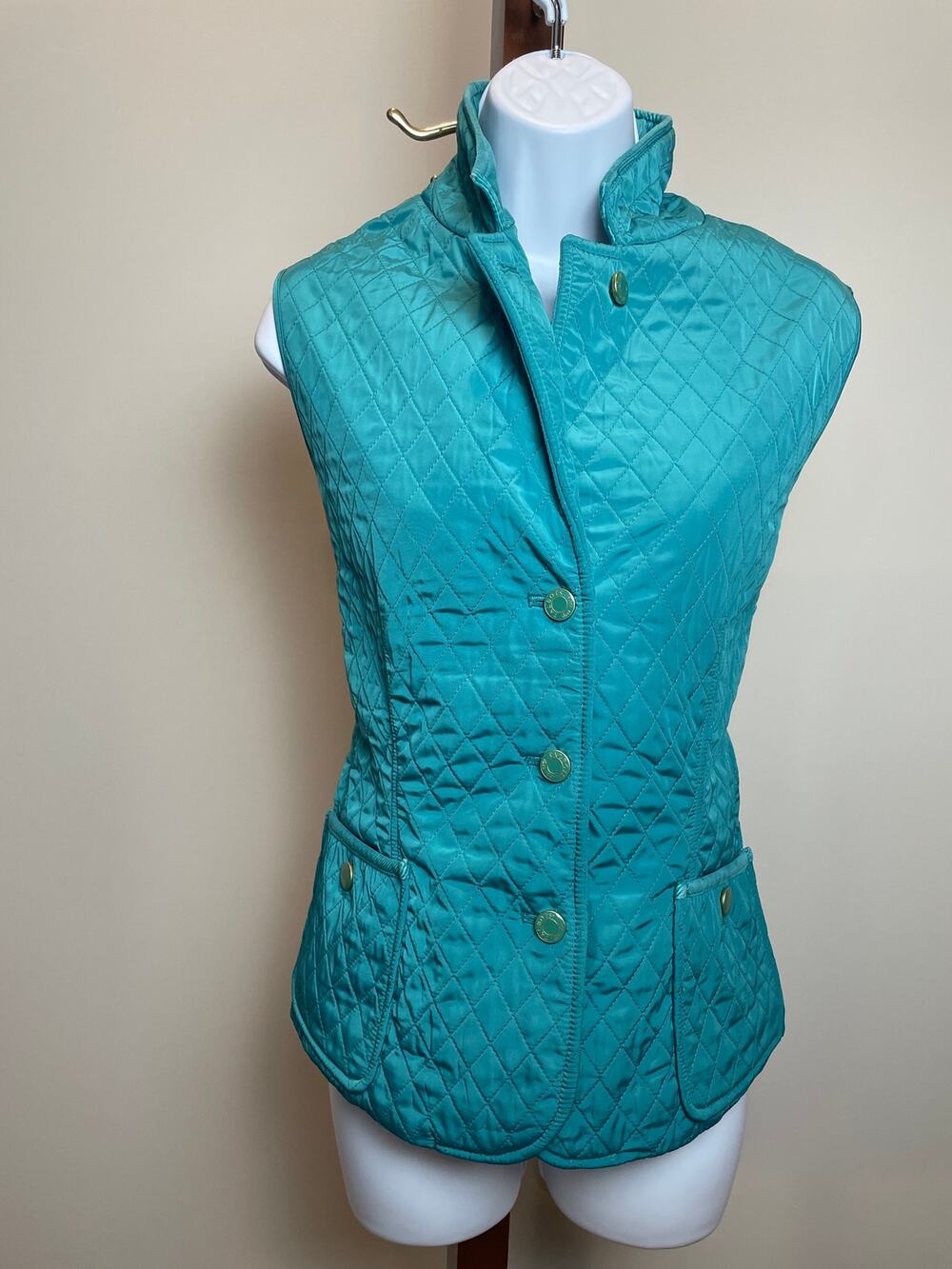 Talbots Green Turquoise Quilted Fleece Lined Vest Size M Zip Front